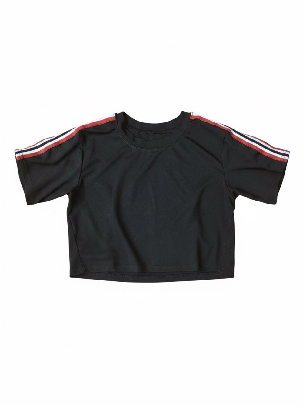 Black Crop Tee with Red & White Shoulder Stripes